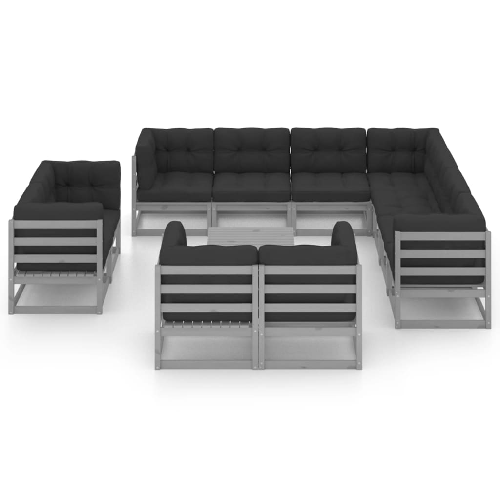 12-tlg. Garten-Lounge-Set mit Kissen Grau Kiefer Massivholz